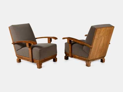 Pair of Art Deco High-Back Burl Walnut Lounge Chairs