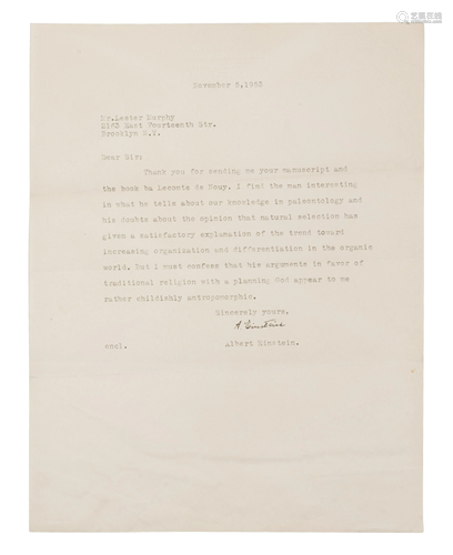 EINSTEIN, Albert. Typed letter signed (