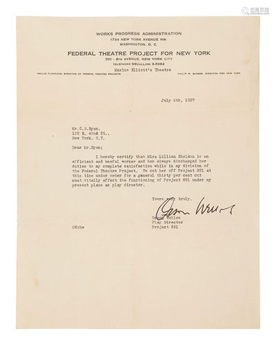 WELLES, Orson (1915-1985). Typed letter signed (