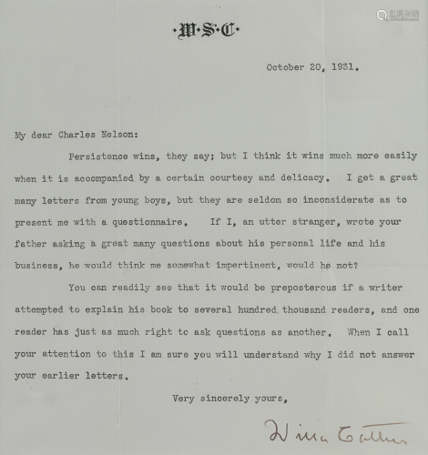 CATHER, Willa (1873-1947). Typed letter signed