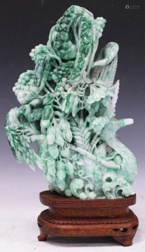 CHINESE CARVED JADE FIGURAL CARVING ON STAND