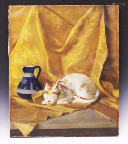 L.M.GRAHAM, STILL LIFE WITH CAT- OIL ON CANVAS