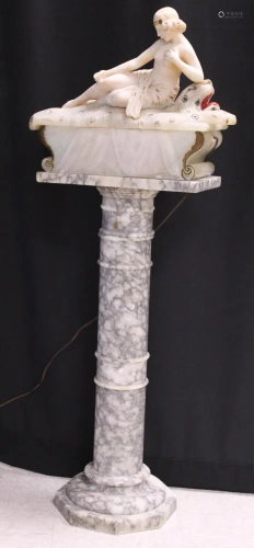 ART NOUVEAU CARVED ALABASTER LAMP W/PEDESTAL