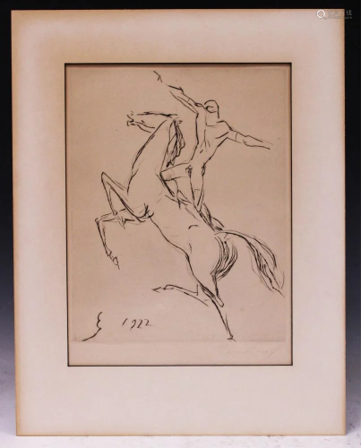 1920'S ETCHING, (RIDER ON HORSE), PENCIL S…