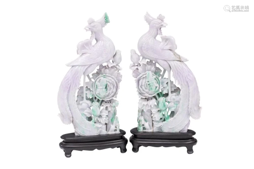 PR. CHINESE CARVED JADE PHOENIX, W/ STANDS