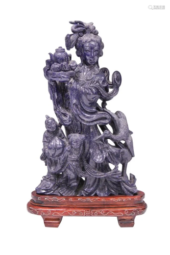 LAPIS LAZULI CARVED QUAN YIN FIGURE ON STAND