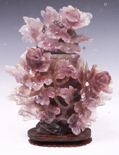CHINESE CARVED AMETHYST VASE W/STAND