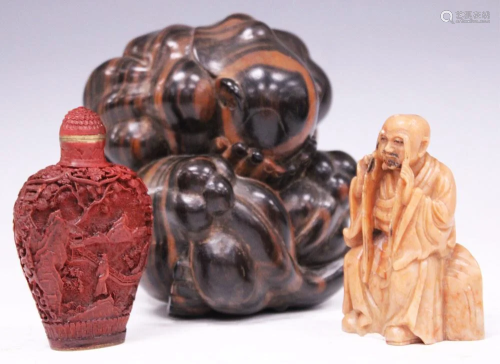 LOT OF (3) ASIAN VINTAGE CARVINGS, SNUFF …