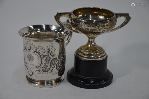 A Victorian Christening mug and a later trophy cup