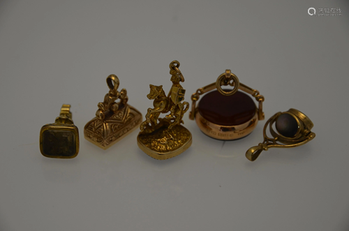 Five various 9ct yellow gold stone set seal fobs