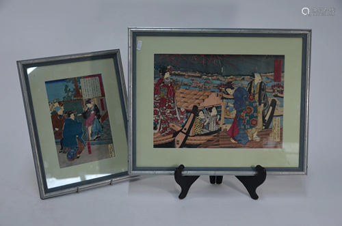 Two Japanese chirimengami-e prints, framed…