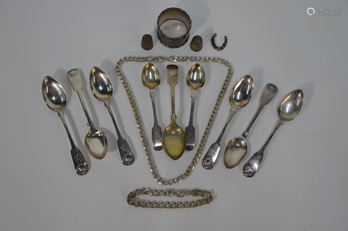 Georgian and other silver teaspoons, chains and