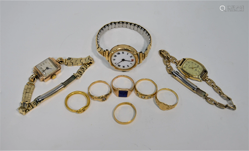 Mixed gold items including rings and wristwatc…