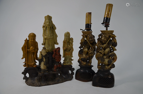 A group of Chinese soapstone and hardwood car…