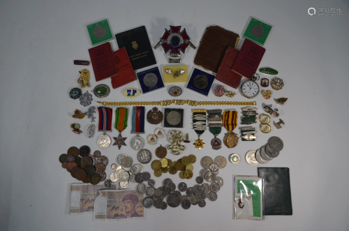 Various coins, badges, collectables and costume