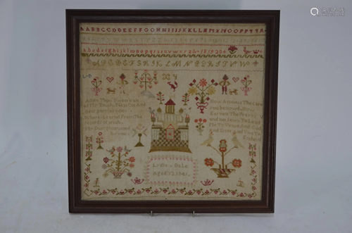 A 19th century alphabet sampler, centred by a turreted