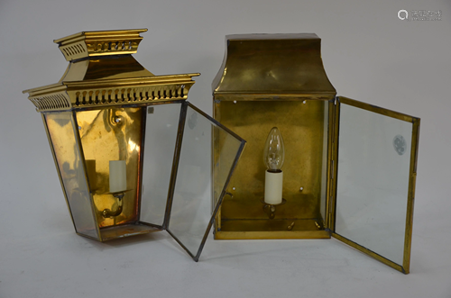 Two antique style brass wall lanterns with 3-sided