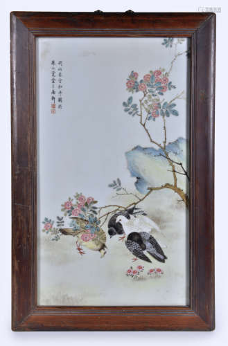 刘雨岑（款） 粉彩花鸟瓷板（带框）