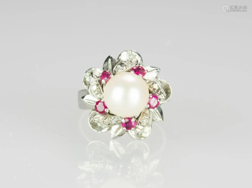 A Pearl With Ruby Mounted in White Gold Ring