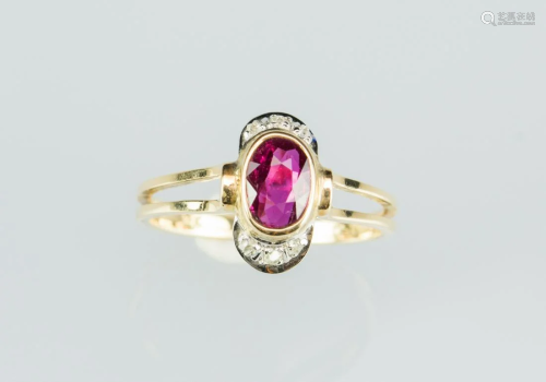 A Ruby Mounted With Diamond and 14k Gold Ring