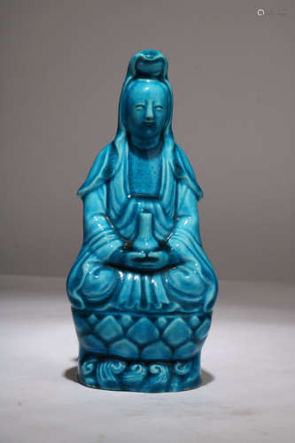 A Blue Glazed Porcelain Guanyin Statue,Qing Dynasty