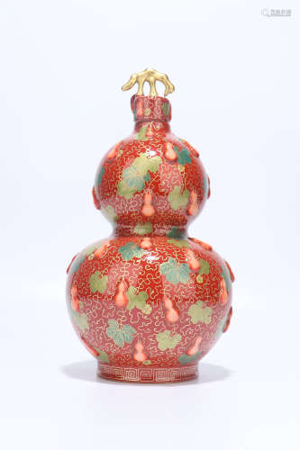 A Red-Glazed Porcelain  Gourd Vase,Qing Dynasty