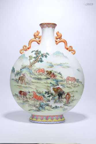 A Famille Rose Porcelain Binaural Vase,Qing Dynasty