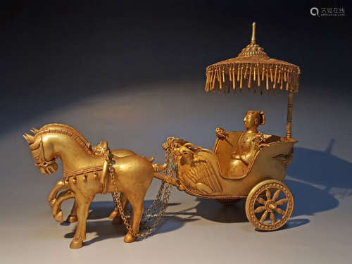 A TANG DYNASTY PURE GOLD FIGURE HORSE DRAWN CART