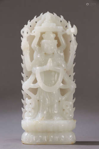 A QING DYNASTY HETIAN JADE EIGHT ARMS GUANYIN