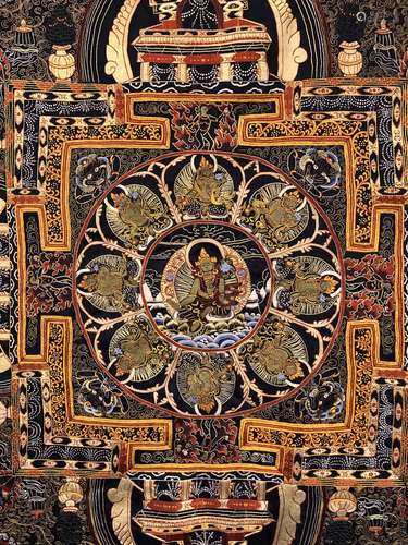 A QING DYNASTY EMBROIDERED MANDALA GREEN TARA THANGKA