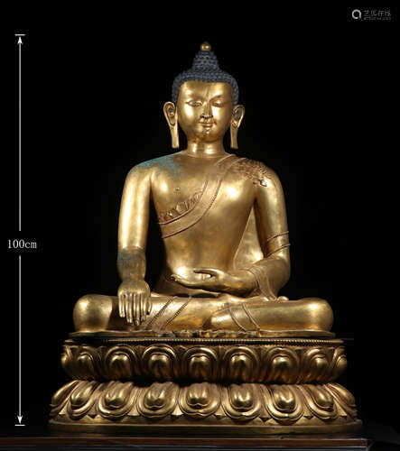 A QING DYNASTY BRONZE GILDING MEDICINE BUDDHA