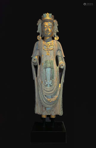 A NORTHERN WEI STONE STATUE OF BODHISATTVA,PAINTING IN GOLD