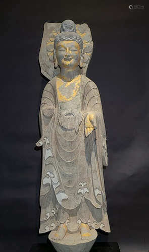 A NORTHERN WEI STONE STATUE OF BODHISATTVA,PAINTING IN GOLD