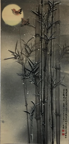 Chinesisches Rollbild - Vogelpaar mit Bambus bei