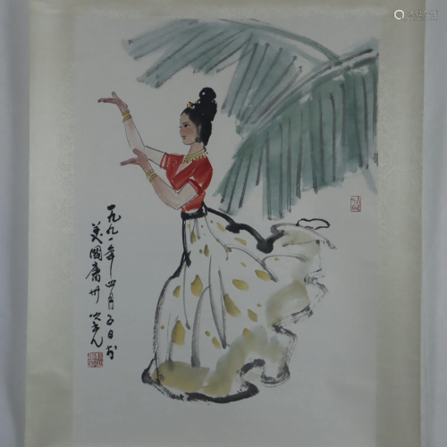 Chinesisches Rollbild - Junge Dame in Tanzpose, Tusche