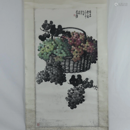 Chinesisches Rollbild -Korb mit Trauben, Tusche und