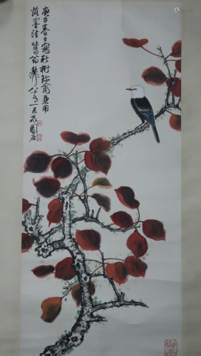 Chinesisches Rollbild - Singvogel auf rotem Ast, Tusche