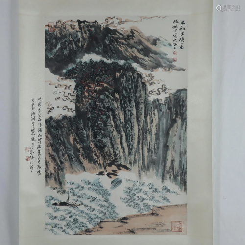 Chinesisches Rollbild - Landschaft mit Wasserfall,