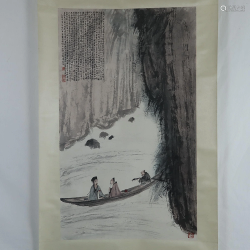 Chinesisches Rollbild - Flusslandschaft mit Männern im