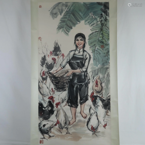 Chinesisches Rollbild - Junges Bauernmädchen Hühner