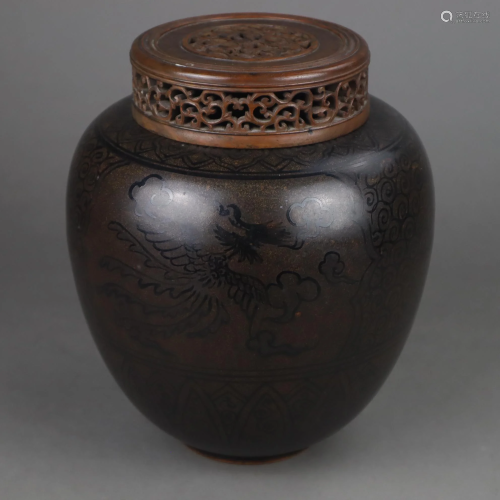 Große Teedose mit Holzdeckel - Keramik, China,