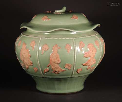 A YUAN DYNASTY LONGQUAN FIGURE JAR