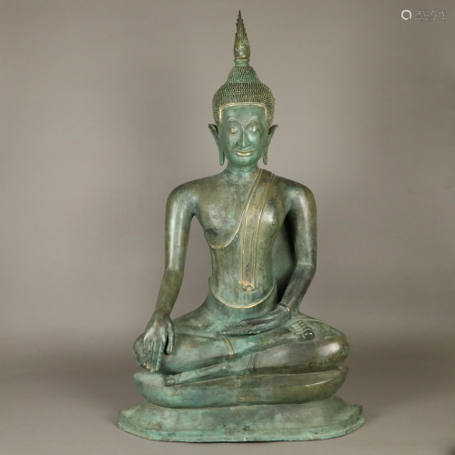 Großer Buddha Maravijaya - Bronze, grün pat…