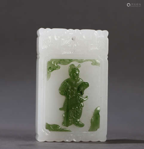 A QING DYNASTY HETIAN JADE INLAID WITH JADE GENERAL PENDANT