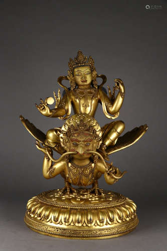 A  QING DYNASTY GOLD PLATED STATUE OF BUDDHA