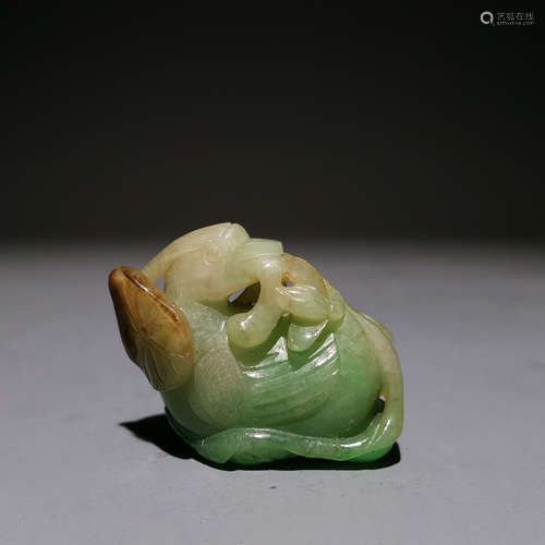 A QING DYNASTY JADEITE JADE CARVING, THREE COLOR MANDARIN DUCK AND LOTUS