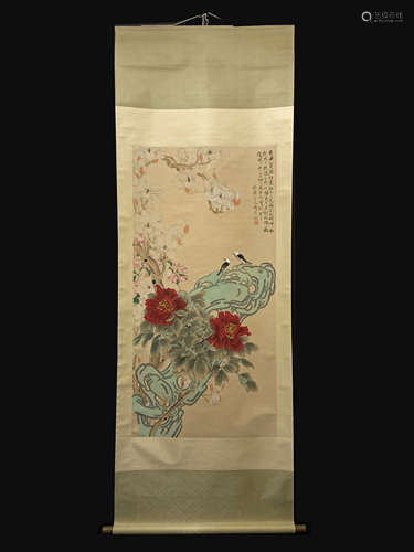 A CHINESE FLOWERS AND BIRDS PAINTING,YU FELAN  MARKED