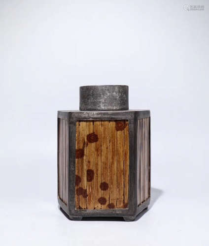 A Chinese Pewter And Bamboo Tea Caddy