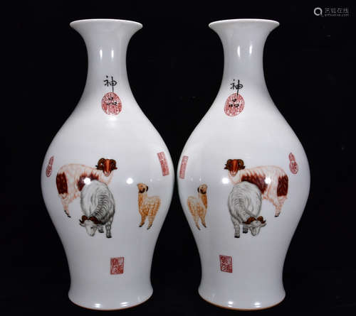 A Chinese Famille Rose Porcelain Vases, Pair