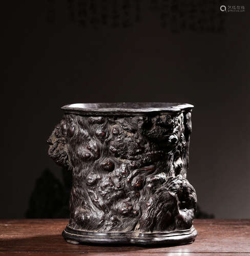 A Chinese Burl Wood Brush Pot